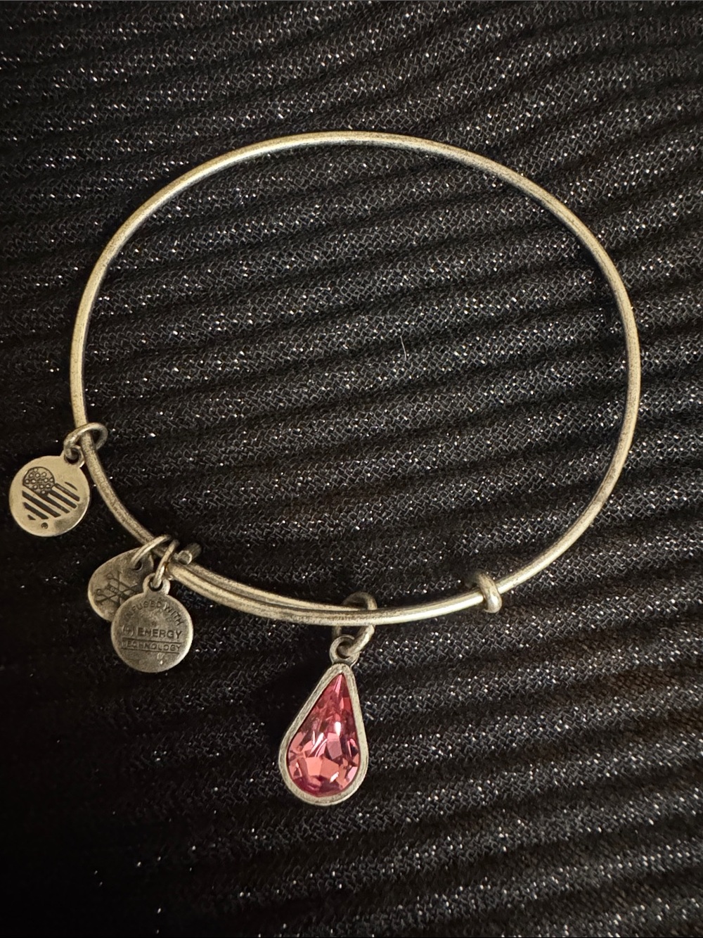 Alex and Ani Silver Bangle with October Pink Teardrop Crystal Charm